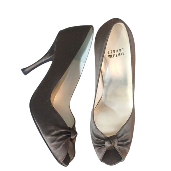 Stuart Weitzman Brown Satin High Heels Peep Toe Pumps Women's Size 8.5 - Picture 1 of 11